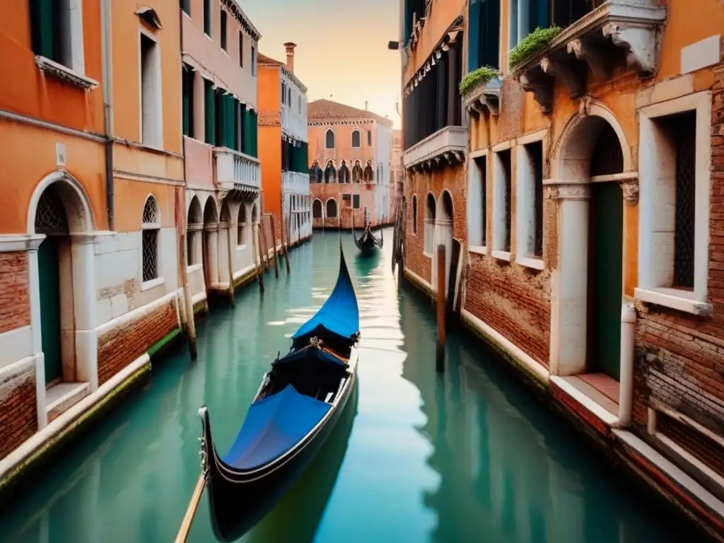 Un góndola deslizándose elegantemente por los canales de Venecia al atardecer