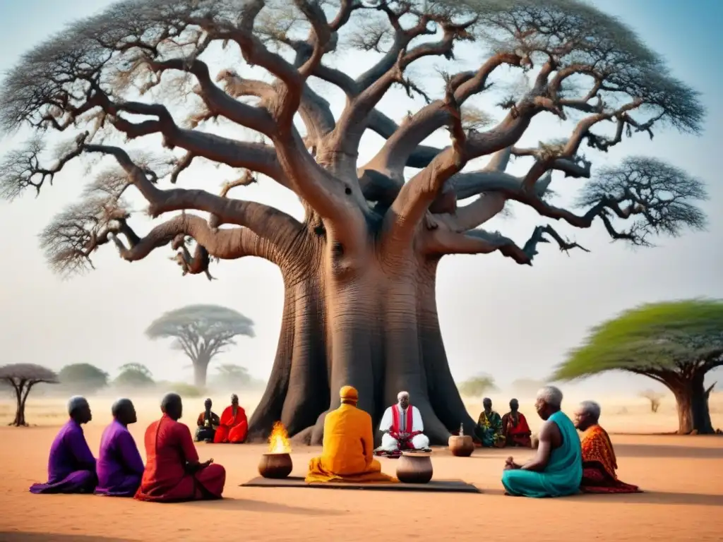 Un grupo de ancianos africanos realiza un ritual bajo un baobab, conectados con sus prácticas religiosas tradicionales en África