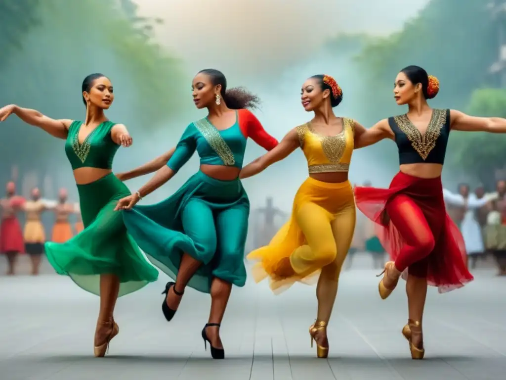 Danza multicultural: armonía de estilos en imagen 8k Un grupo de bailarines de diversas culturas se unen en armonía, fusionando estilos tradicionales y contemporáneos