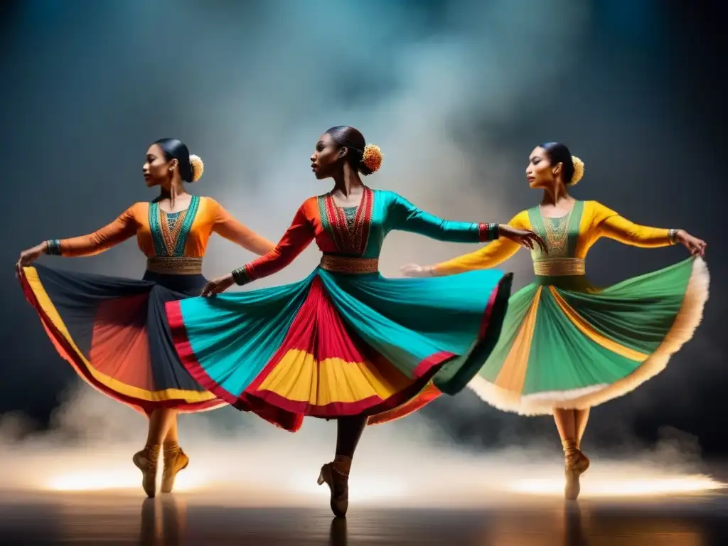 Baile tradicional: Movimiento grácil y vibrante Un grupo de bailarines en vibrantes trajes tradicionales danzan en armonía, mostrando la influencia de danzas antiguas en modernas
