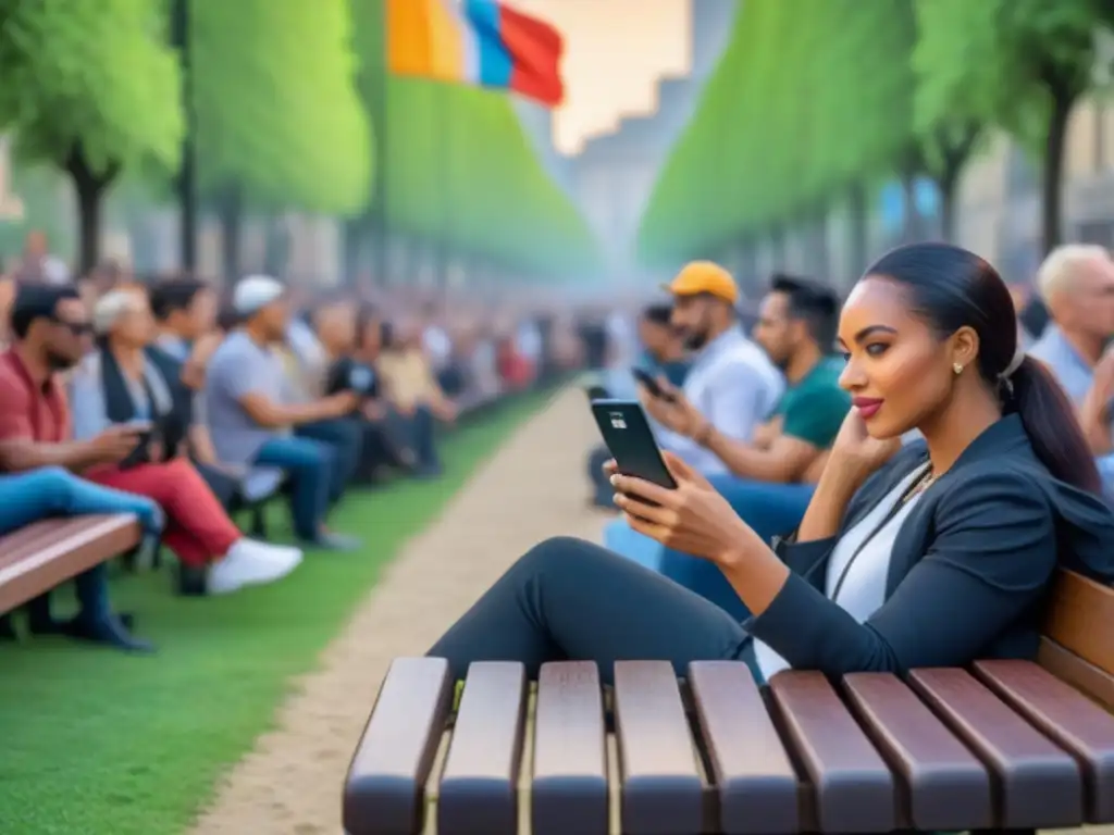 Descubre eventos locales: diversidad y tecnología en el parque Grupo diverso en banco del parque, usando apps para descubrir eventos locales