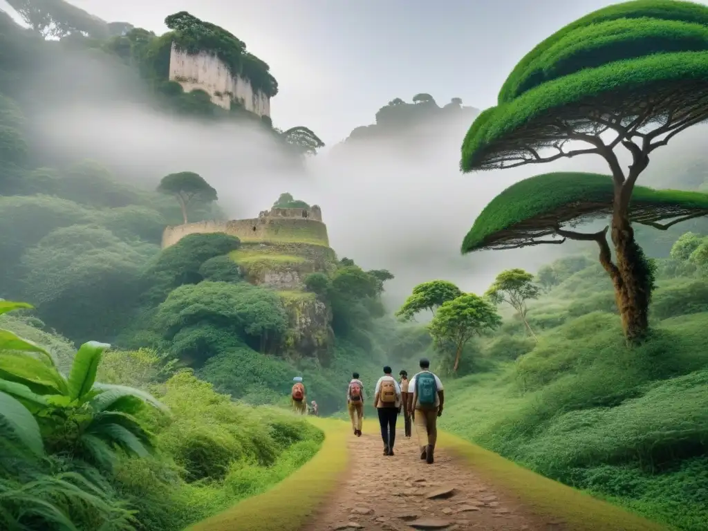 Un grupo diverso explorando un bosque con ruinas antiguas, transmitiendo la inmersión cultural a través de homestays