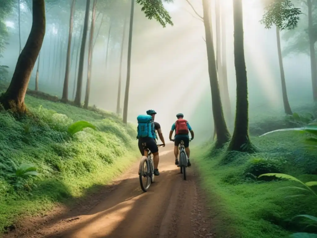 Un grupo diverso de ciclistas felices pedaleando en un bosque verde y exuberante