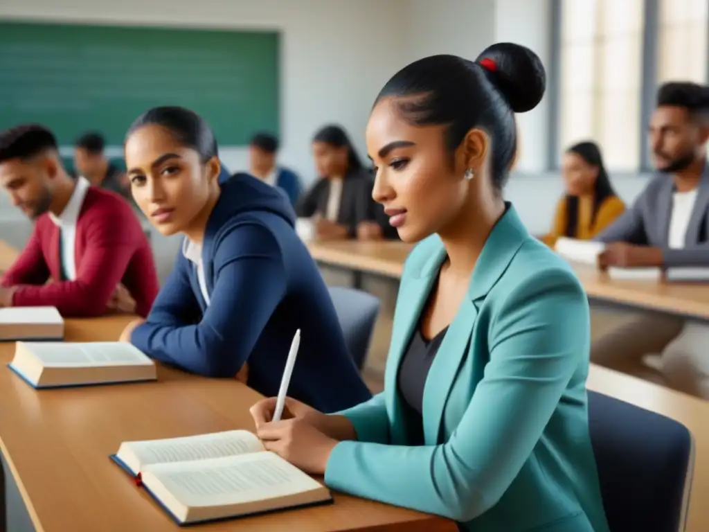 Estudio multicultural en Oriente Medio Un grupo diverso de estudiantes colaborando en un aula moderna en Oriente Medio