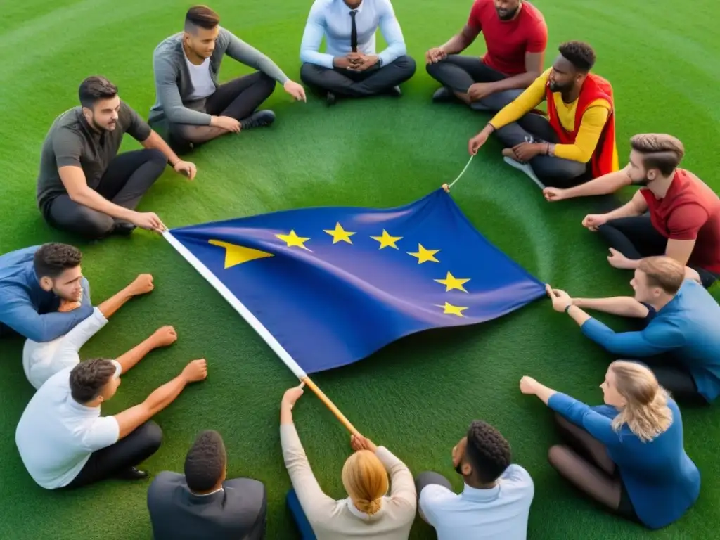Un grupo diverso de estudiantes en círculo en un campo verde vibrante con monumentos europeos, mostrando unidad y diversidad en estudios académicos