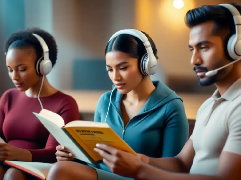 Grupo diverso de estudiantes de idiomas concentrados en el aprendizaje Un grupo diverso de estudiantes concentrados en un entorno inspirador para el aprendizaje de idiomas con libros y auriculares