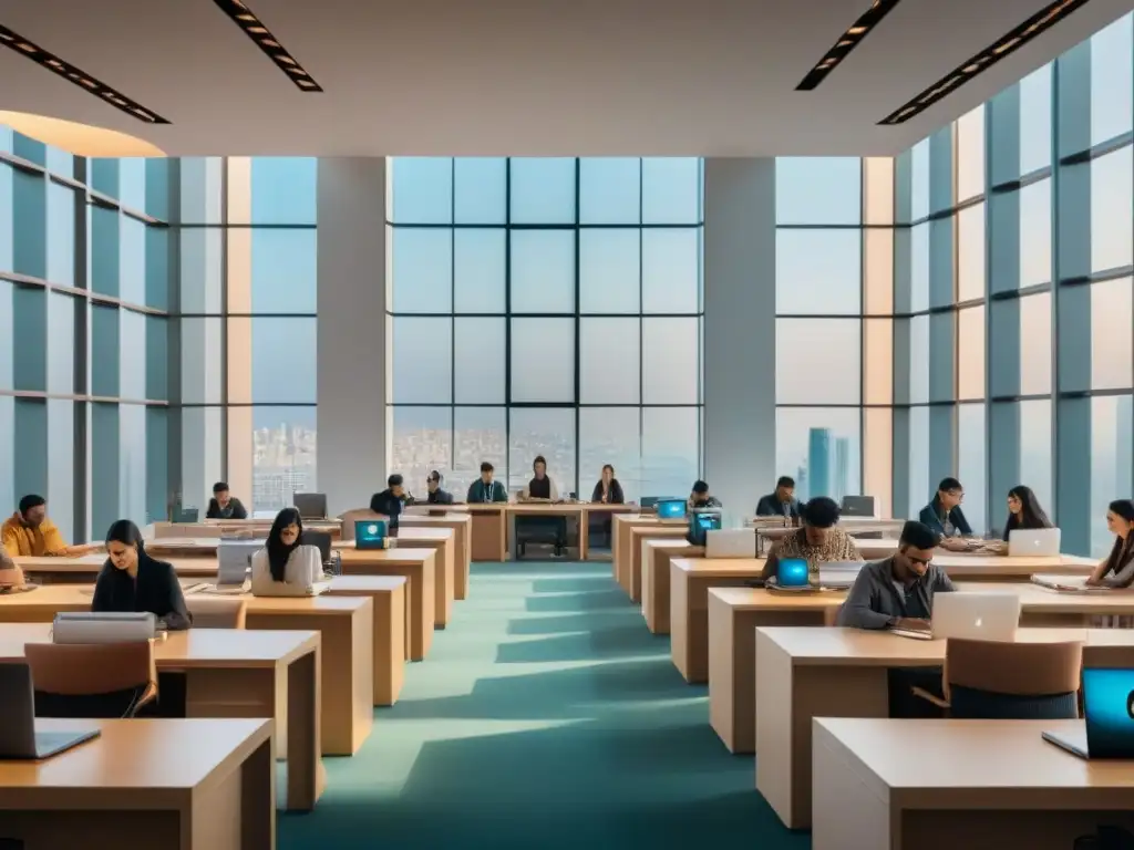 Un grupo diverso de estudiantes estudia juntos en una moderna biblioteca universitaria en Oriente Medio