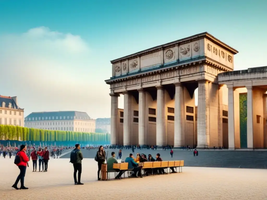 Grupo diverso de estudiantes estudian juntos bajo emblemáticos monumentos europeos, buscando conseguir becas intercambio Europa