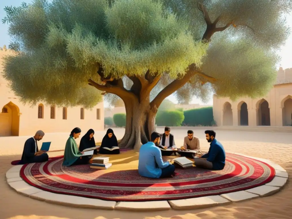 Un grupo diverso de estudiantes estudia bajo un olivo en Oriente Medio