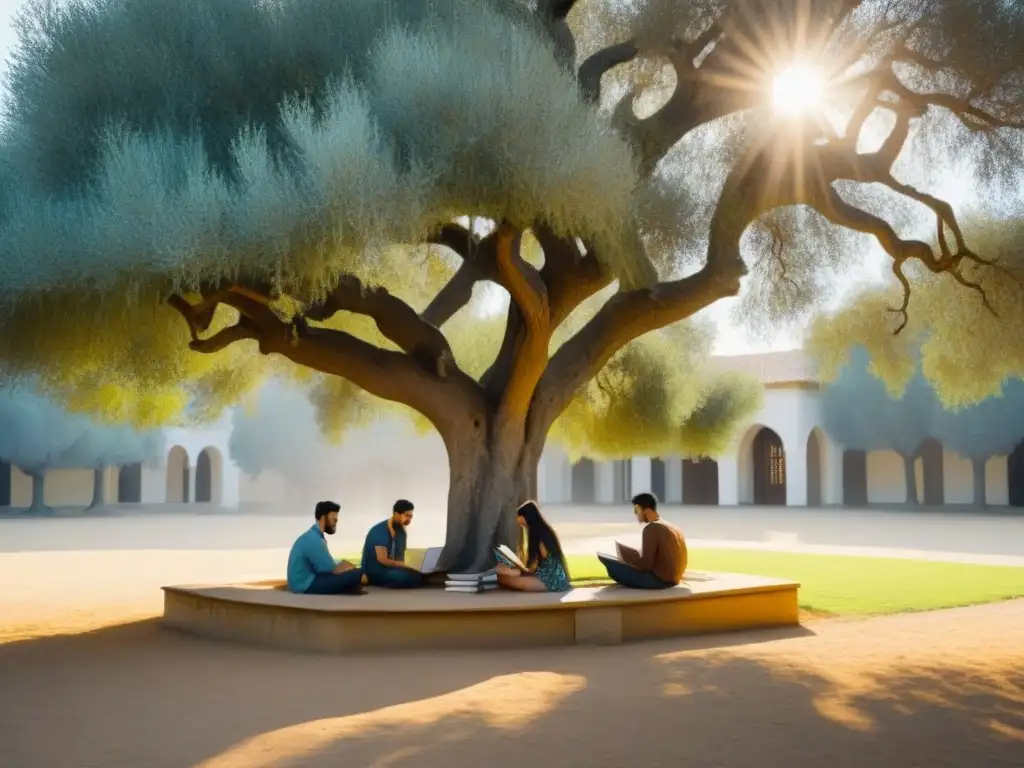 Un grupo diverso de estudiantes estudia bajo un olivo en un tranquilo patio de Oriente Medio