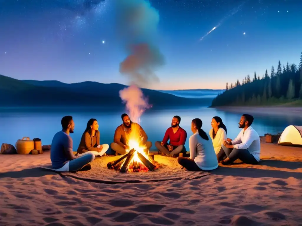 Comunidad en la noche: cuentos alrededor de la fogata Un grupo diverso escucha atentamente historias alrededor de una fogata bajo un cielo estrellado