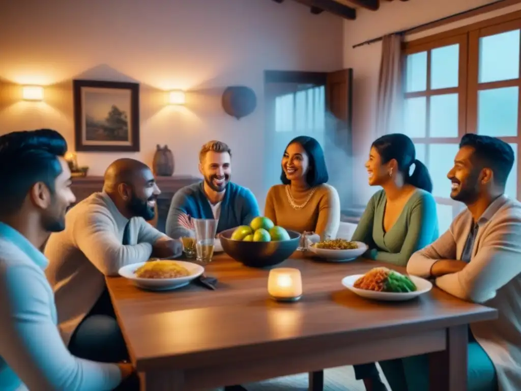 Un grupo diverso comparte historias y sonrisas alrededor de una mesa en una cálida casa de familia