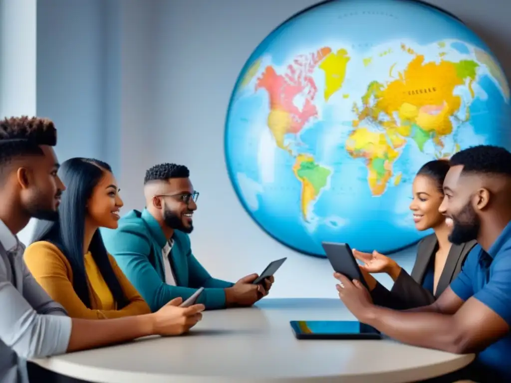 Un grupo diverso de jóvenes participa en un curso en línea de intercambio cultural, conectados y aprendiendo juntos en un ambiente luminoso y moderno