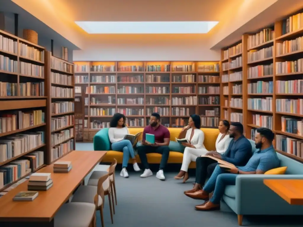 Grupo diverso leyendo libros locales que transforman vidas en una librería acogedora