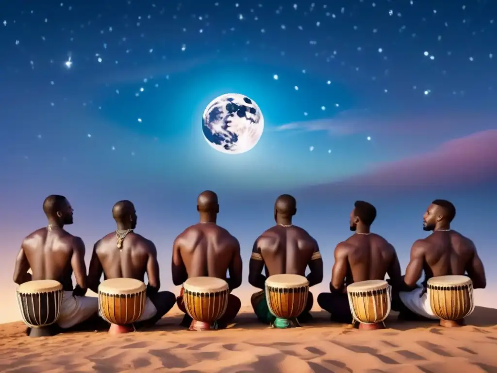 Grupo diverso tocando músicas tradicionales de África bajo un cielo estrellado