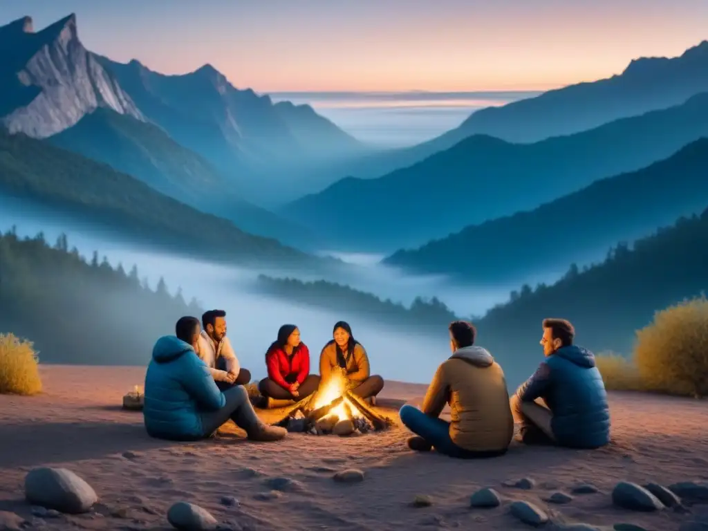 Compartiendo historias alrededor del fuego Un grupo diverso comparte narrativas orales en viajes alrededor de una fogata bajo un cielo estrellado