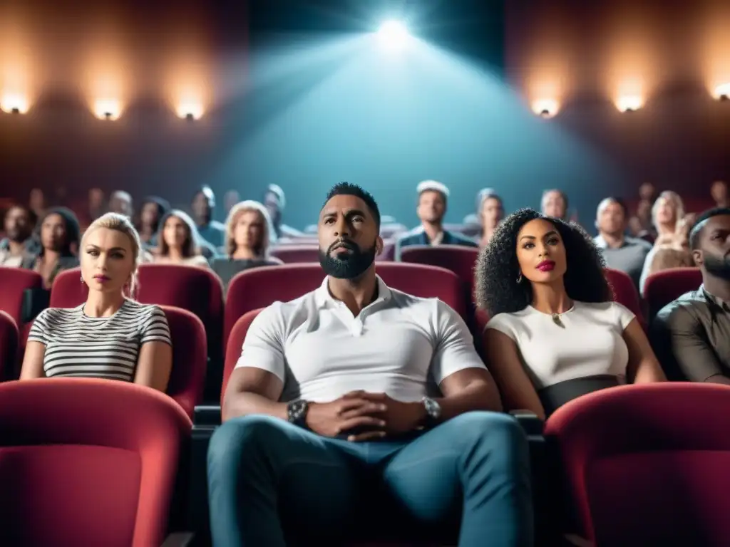 Emociones en el cine: diversidad y contemplación en blanco y negro Un grupo diverso de personas en un cine, cautivadas por una película impactante