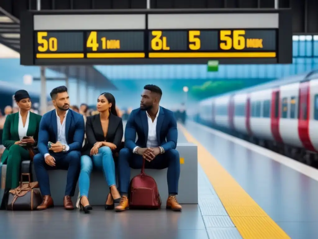 Un grupo diverso de personas espera en una estación de tren, reflejando distintas culturas a través de detalles sutiles