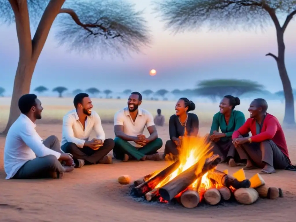 Comunidad multicultural en hoguera africana al atardecer Un grupo diverso de personas se reúne alrededor de una fogata en una aldea rural africana al atardecer, resaltando la conexión comunitaria y cultural