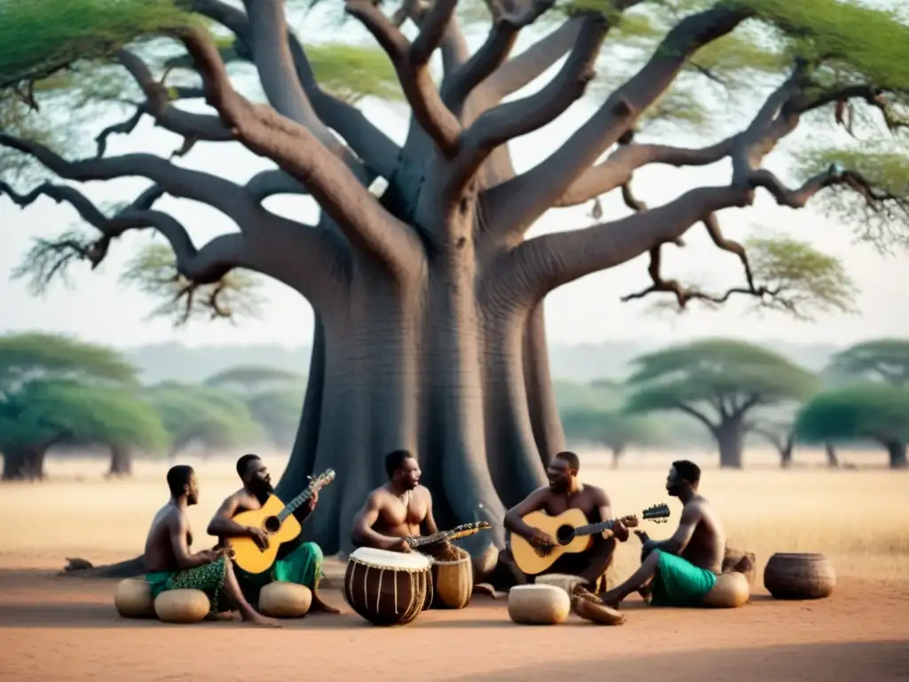 Un grupo diverso de personas toca instrumentos africanos bajo un baobab, con símbolos y patrones detallados