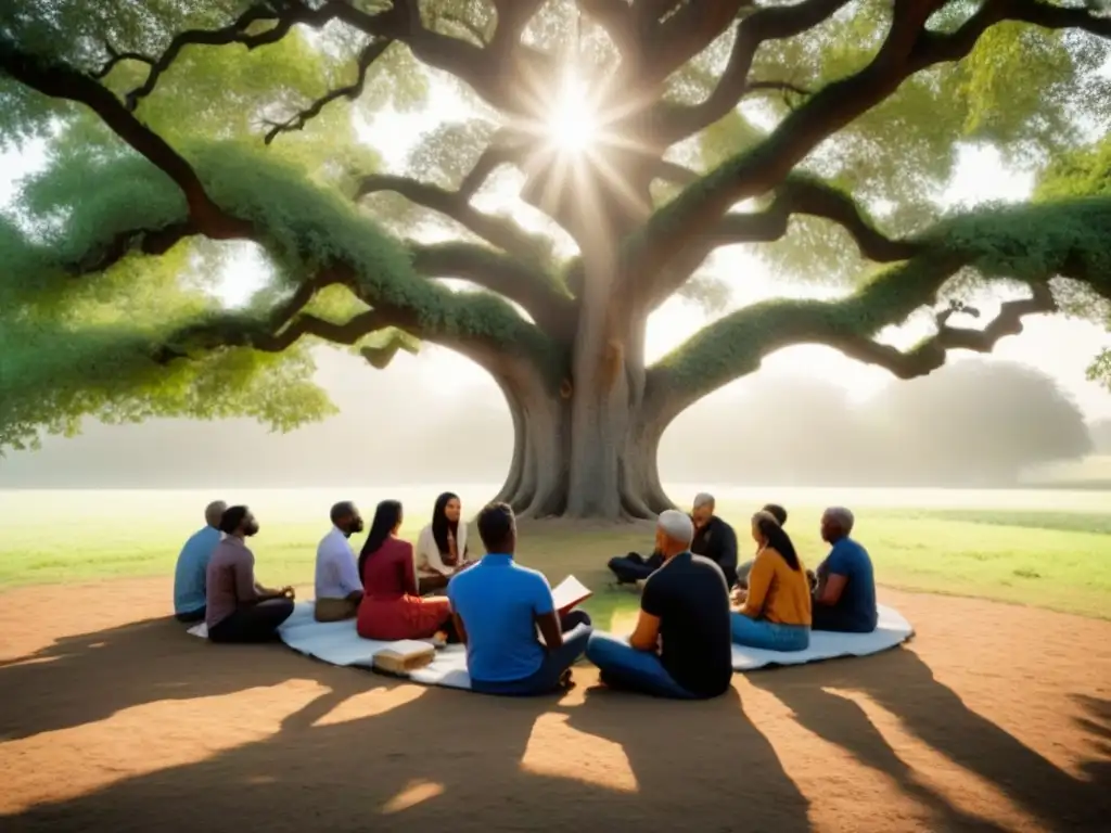 Un grupo diverso de personas lee libros locales bajo un árbol ancestral, mostrando asombro y contemplación