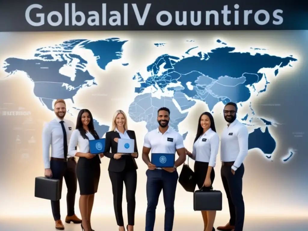 Un grupo diverso de profesionales frente a un mapa mundial de formas geométricas, con maletines y banderas internacionales