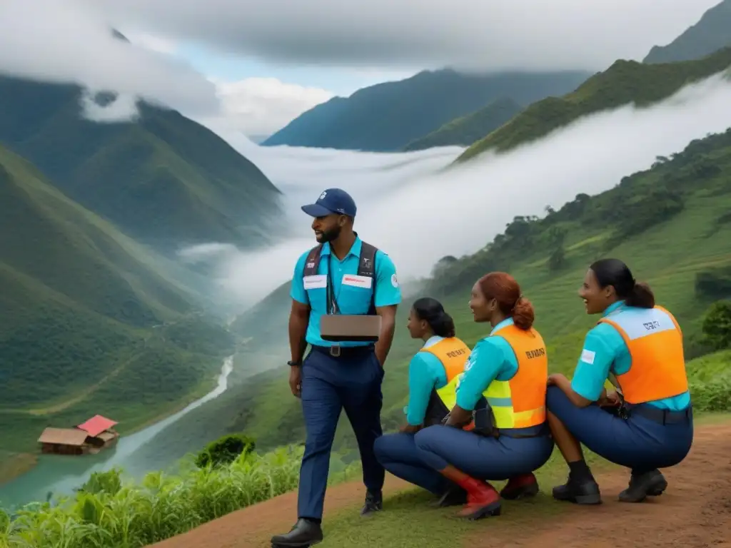 Un grupo diverso de profesionales en uniformes de voluntariado trabajando juntos en una hermosa paisaje extranjero