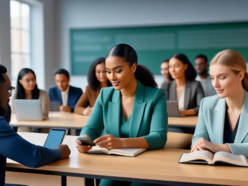 Clases de idiomas inmersivas: diversidad y dinamismo Un grupo diverso participa activamente en programas de idiomas inmersivos, inmersos en actividades educativas en un aula moderna y neutral