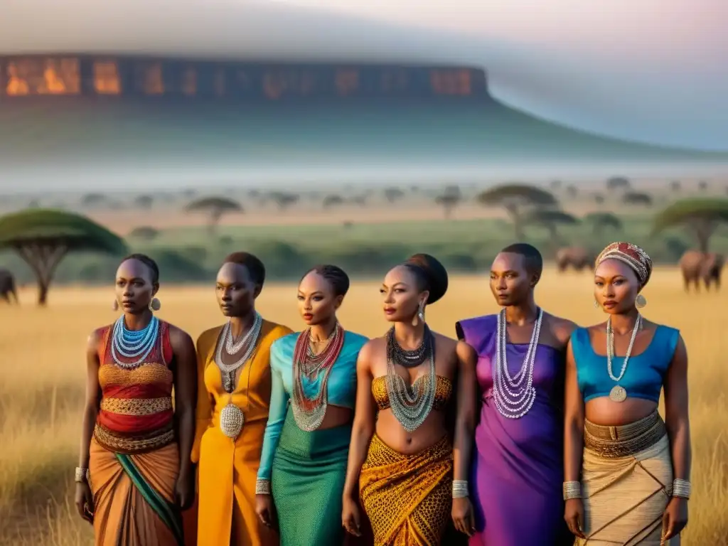 Retrato 8k: diversidad étnica en la sabana africana Un grupo diverso en trajes africanos tradicionales frente a la sabana al atardecer