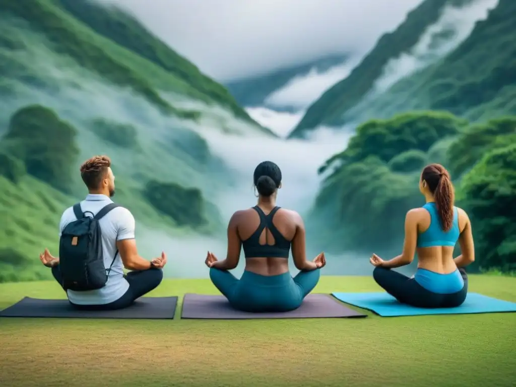 Viajeros en armonía: yoga, senderismo y meditación en la naturaleza Un grupo diverso de viajeros disfruta de actividades de bienestar en un entorno armonioso y sereno, rodeado de naturaleza exuberante