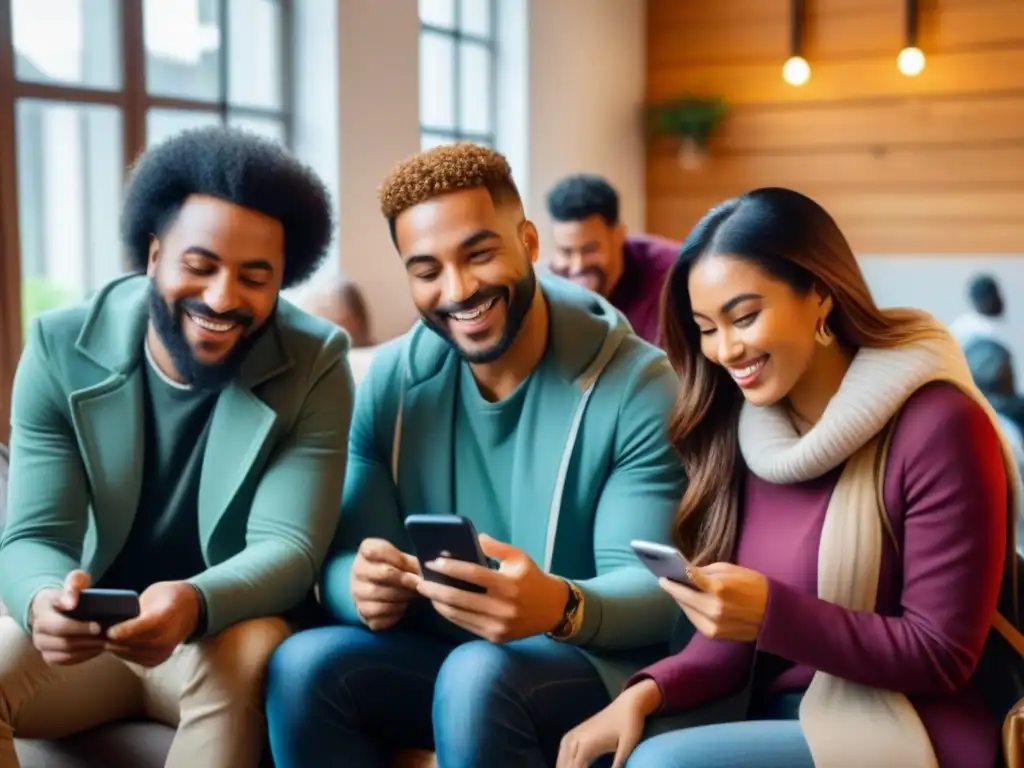 Un grupo diverso de viajeros sonríe viendo una app juntos en un acogedor hostel