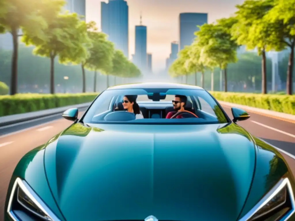 Viaje sostenible: diversidad y armonía en un coche compartido Un grupo diverso de viajeros en armonía en un auto moderno compartido, rodeados de paisajes verdes y una ciudad vibrante