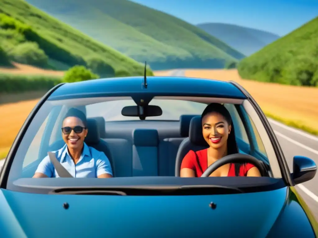 Viaje compartido: diversidad en armonía Un grupo diverso de viajeros comparte un paseo en auto, promoviendo el carpooling y la comunidad