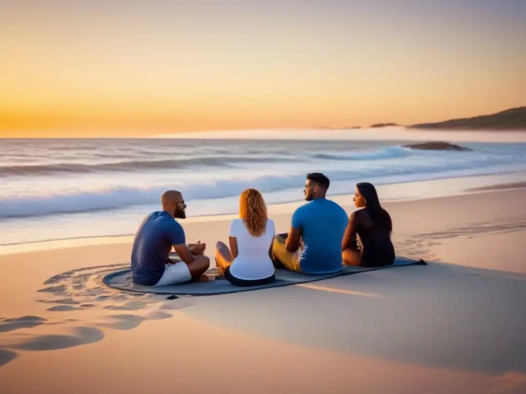 Un grupo diverso de viajeros en la playa al atardecer, invirtiendo en la comunidad