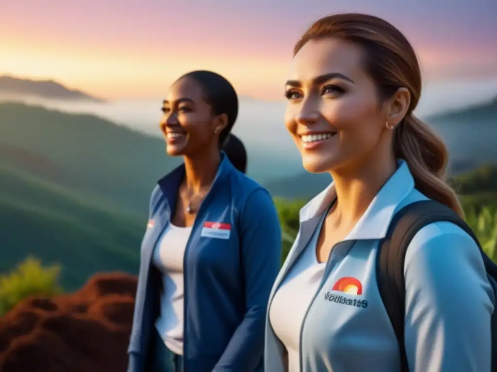 Un grupo diverso de voluntarios en un escenario extranjero, trabajando unidos en tareas de enseñanza, construcción y cuidado, bajo un cálido atardecer