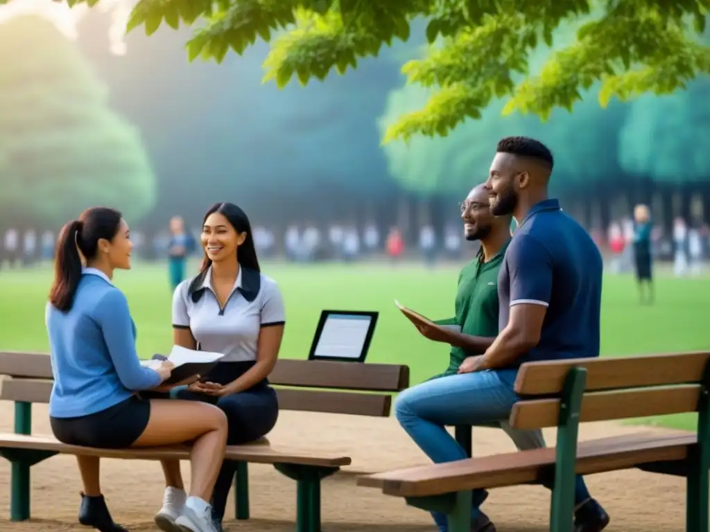 Grupo diverso de voluntarios mejorando habilidades lingüísticas en un parque tranquilo