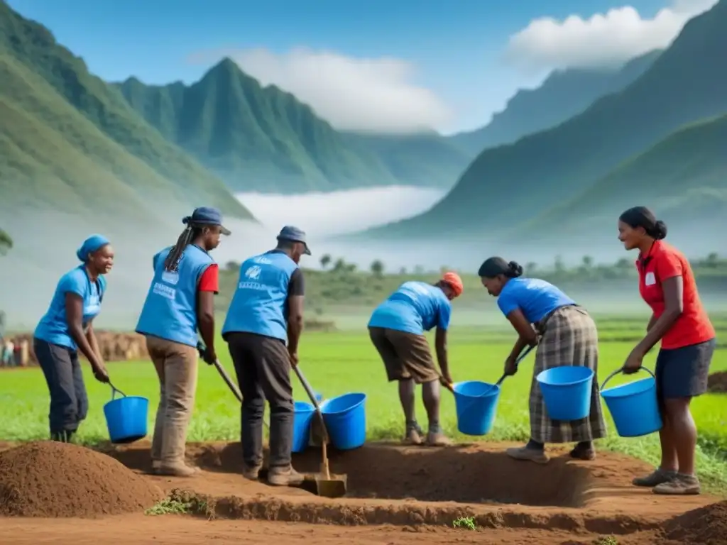 Voluntarios construyen sistema de agua sostenible en aldea remota Un grupo diverso de voluntarios construye sistema de agua en comunidad remota, representando el voluntariado internacional en comunidades remotas