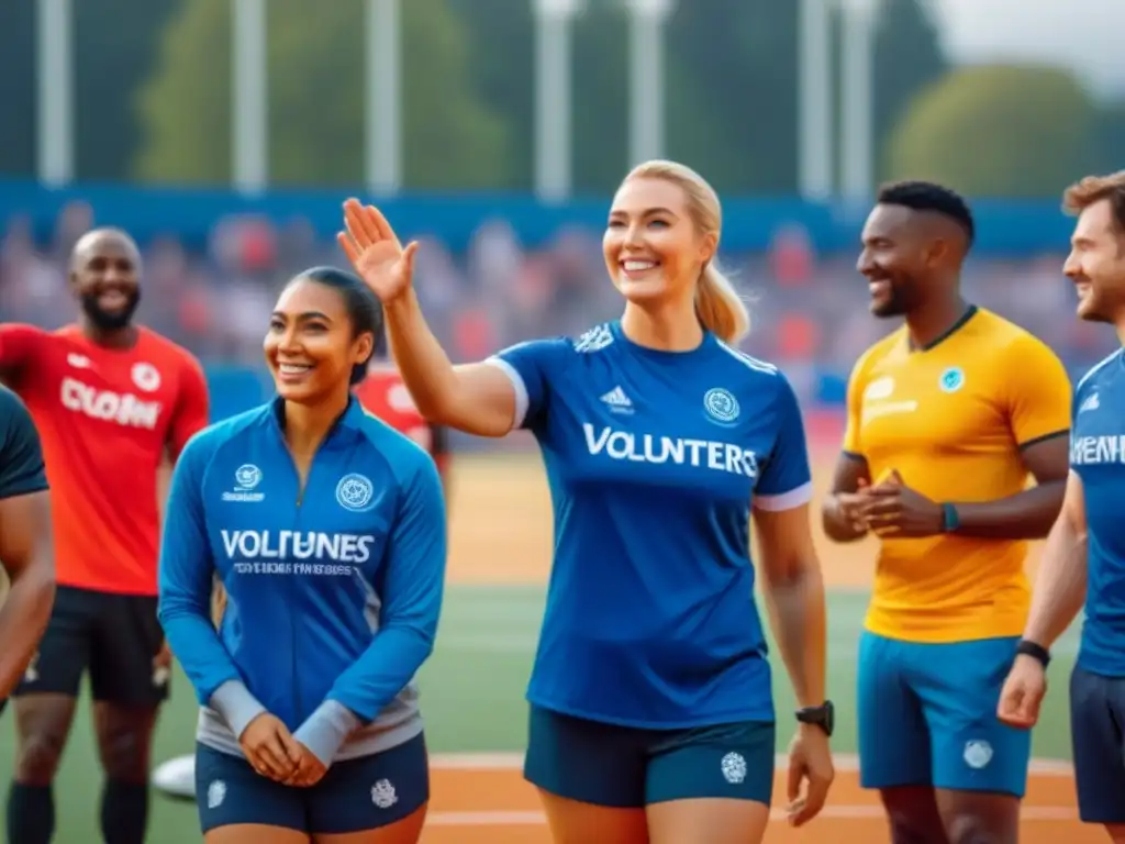 Un grupo diverso de voluntarios sonrientes y unidos en un campo deportivo vibrante, representando la camaradería en proyectos deportivos