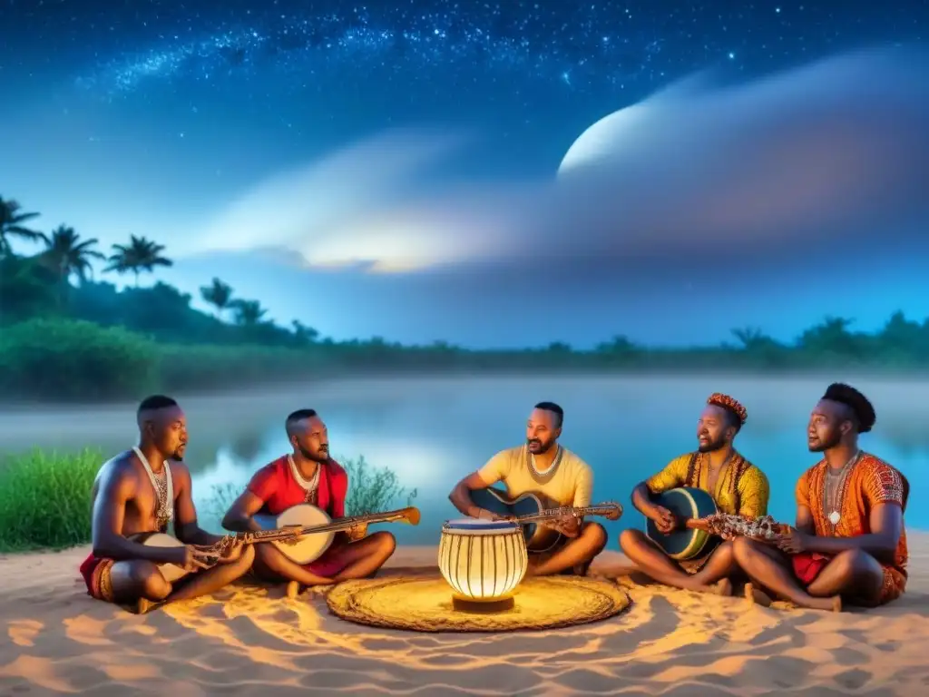 Un grupo de músicos africanos tocando instrumentos tradicionales bajo un cielo estrellado, rodeados de naturaleza exuberante