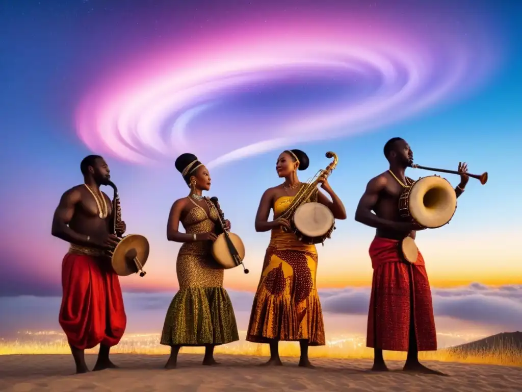 Un grupo de músicos africanos toca instrumentos tradicionales bajo un cielo estrellado y vibrante, rodeados de patrones culturales de África