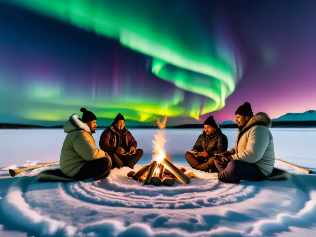 Grupo de músicos indígenas del Ártico tocando bajo las auroras boreales