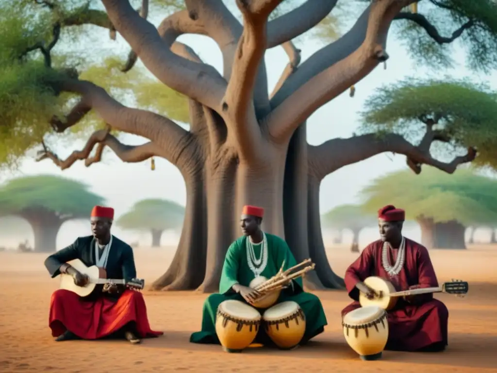 Concierto de músicos senegaleses bajo baobab Fotografía de música en Senegal: Grupo de músicos senegaleses tocando bajo un baobab, vestidos de forma vibrante y expresando pasión y alegría