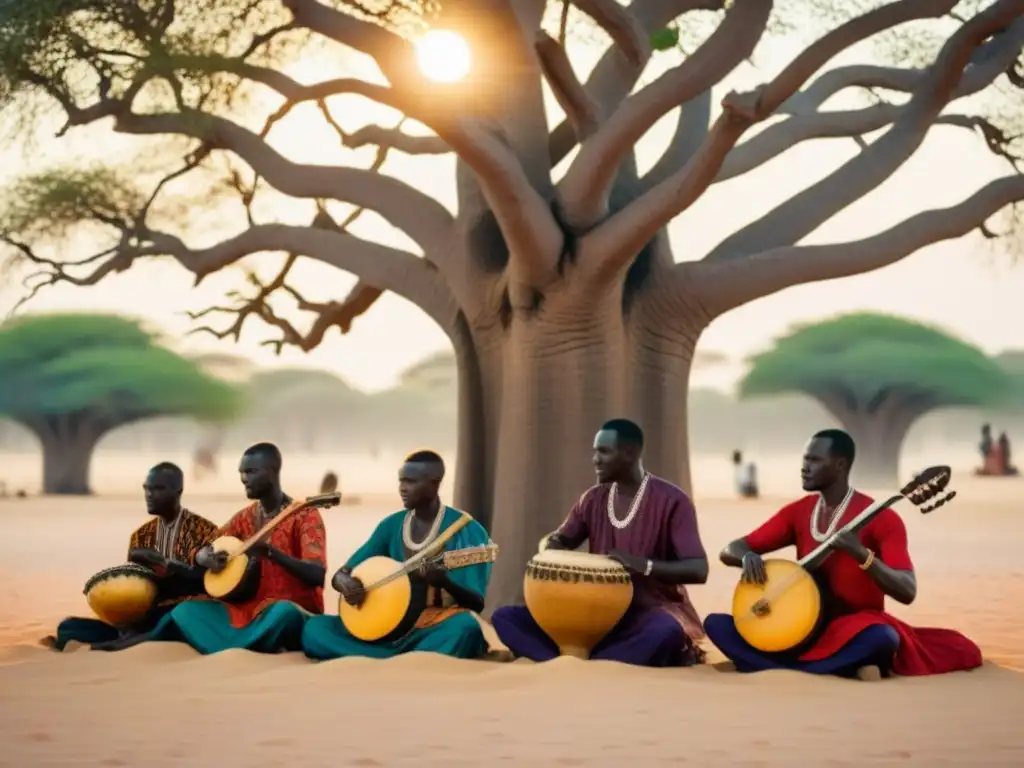 Músicos senegaleses bajo baobab al atardecer Un grupo de músicos senegaleses tocando instrumentos tradicionales bajo un baobab al atardecer
