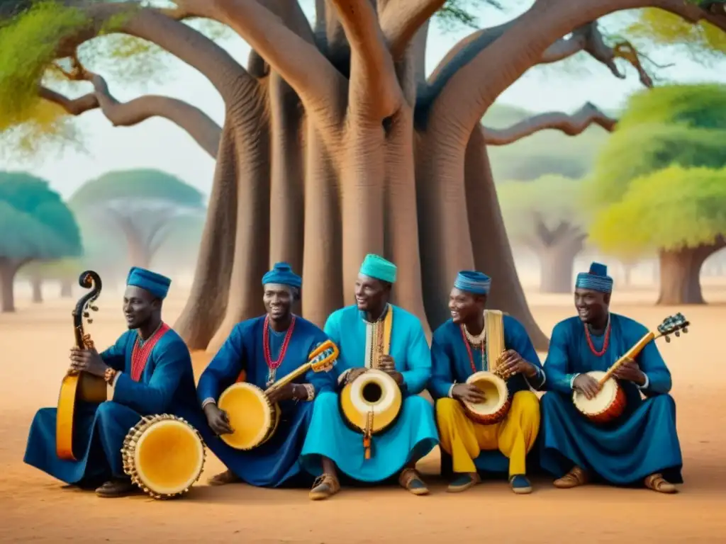 Músicos senegaleses bajo baobab: pasión y tradición Fotografía de música en Senegal: Grupo de músicos senegaleses tocando bajo un majestuoso baobab, envueltos en alegría y pasión