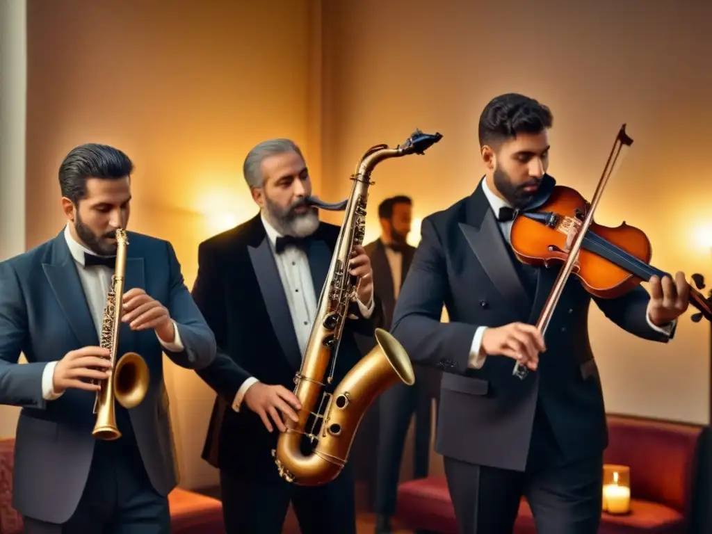 Un grupo de músicos en trajes tradicionales judíos interpretando música Klezmer en una habitación acogedora y tenue