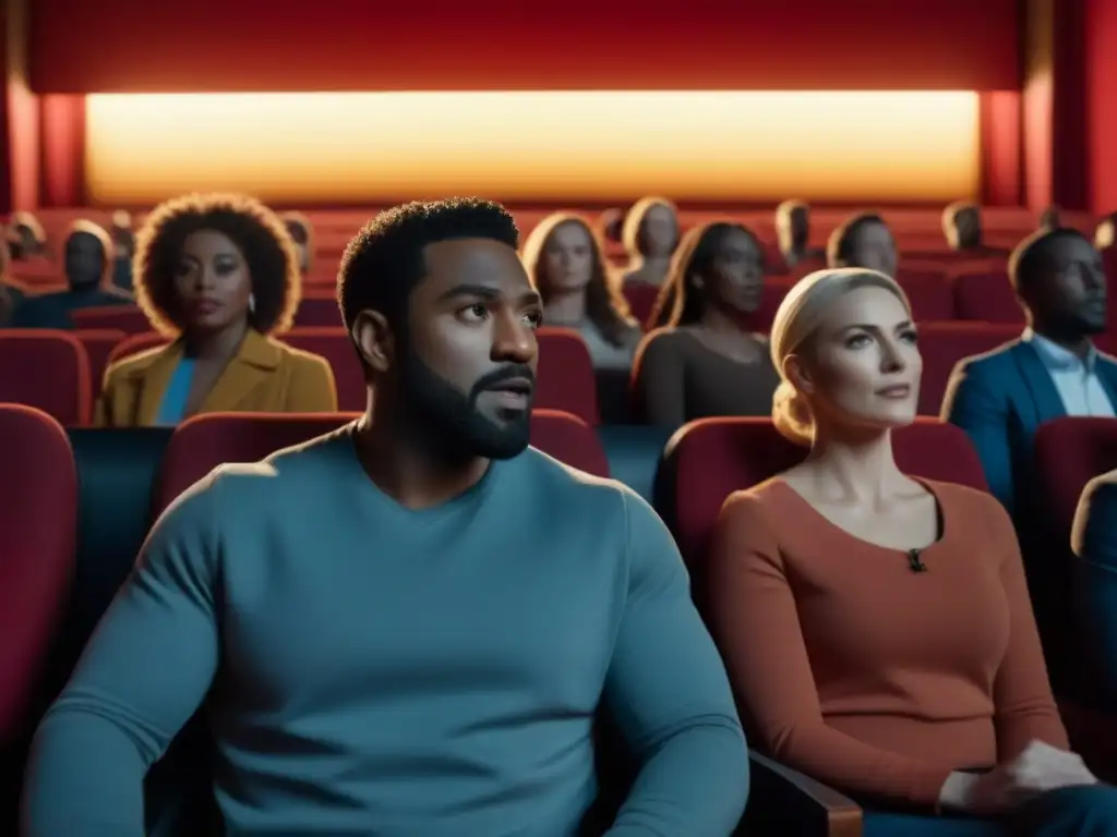 Emociones en la pantalla: cine que transforma mentes y corazones Un grupo de personas diversas viendo una película impactante, con rostros iluminados por la pantalla