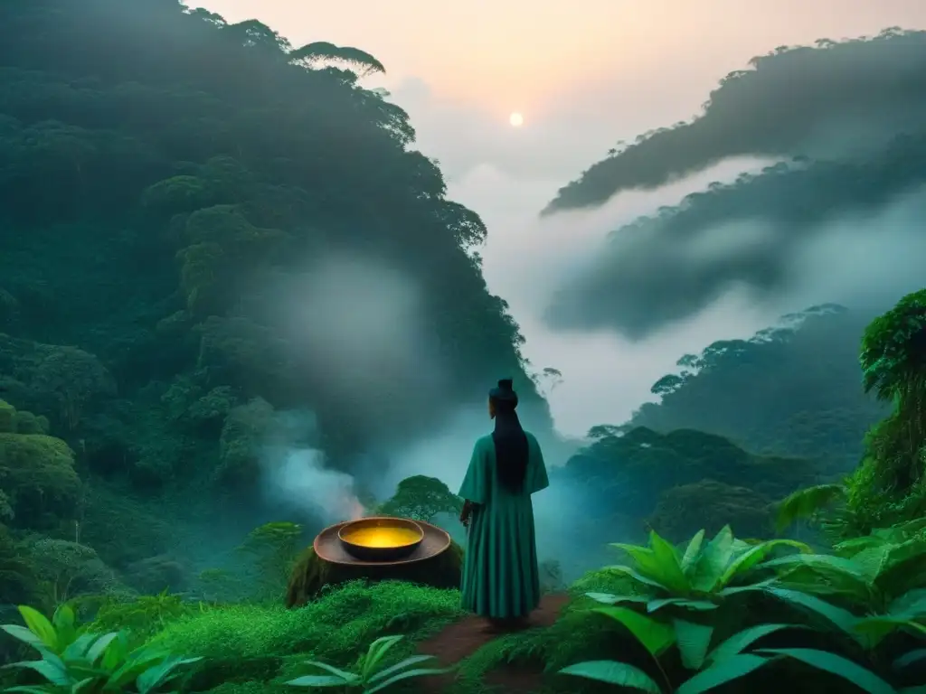 Un chamán guía a un grupo en la selva amazónica al atardecer, con un cuenco ceremonial brillante