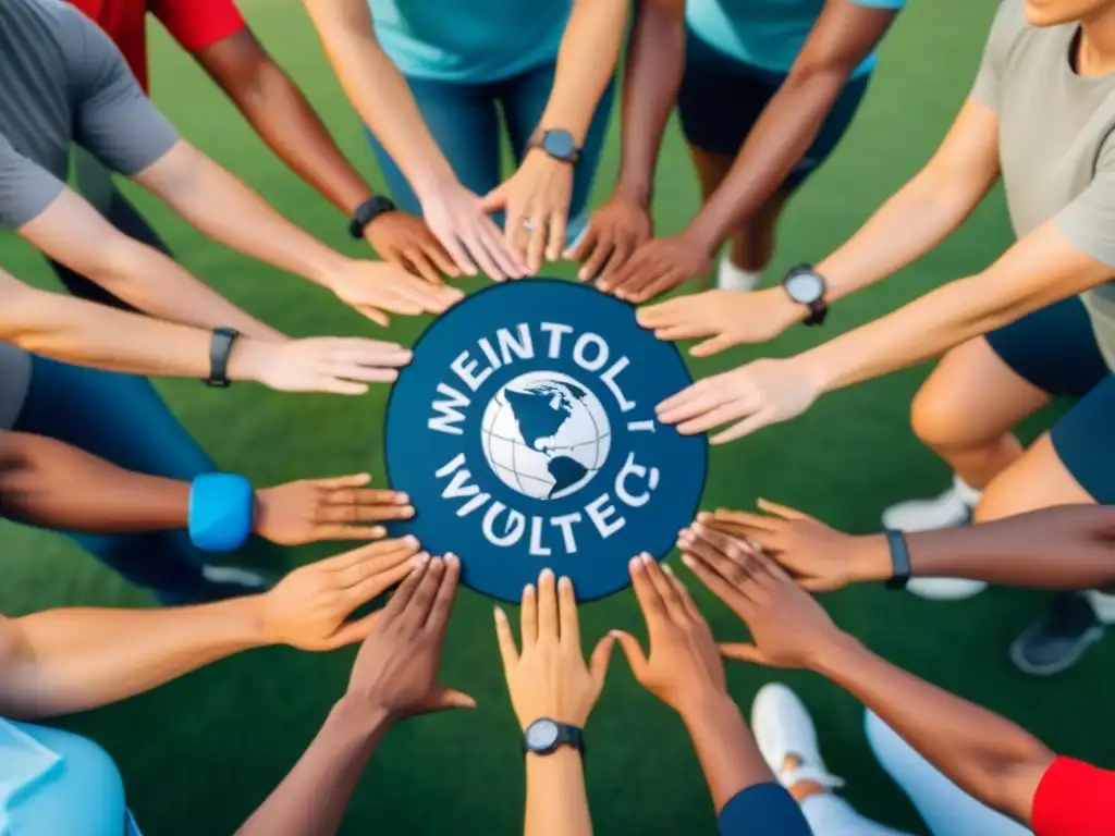 Un grupo de voluntarios diversos, unidos en círculo con las manos en el centro, en un campo deportivo borroso