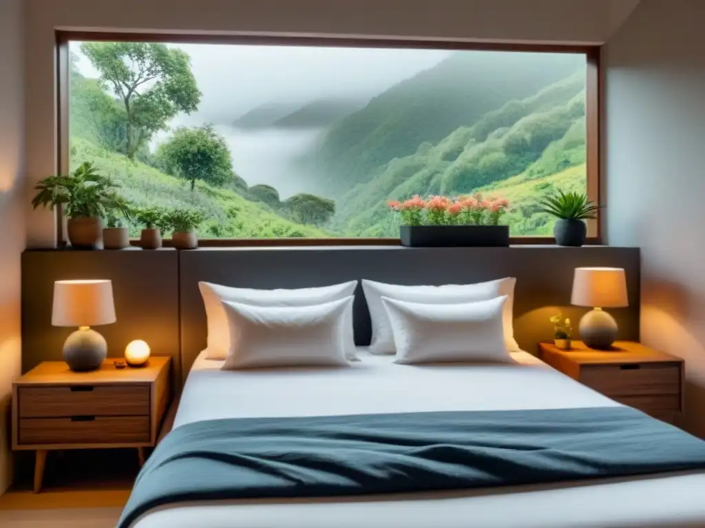 Una habitación acogedora de homestay con cama hecha, lámpara y vista exterior tranquila