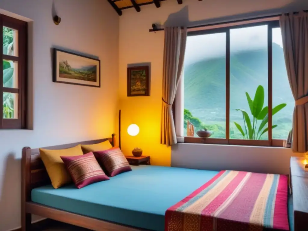 Una habitación de homestay cálidamente iluminada con detalles coloridos y una atmósfera acogedora, ideal para experiencias de homestays enriquecedoras